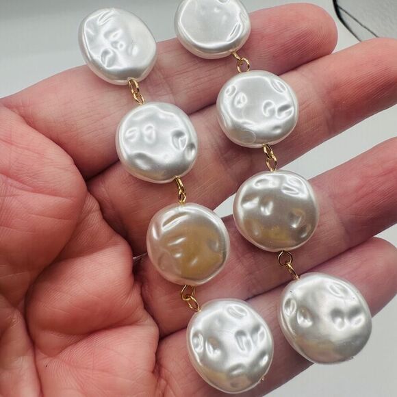 18K Gold Plated Faux Pearl Drop Earrings – Long Statement Dangles - Picture 6 of 7